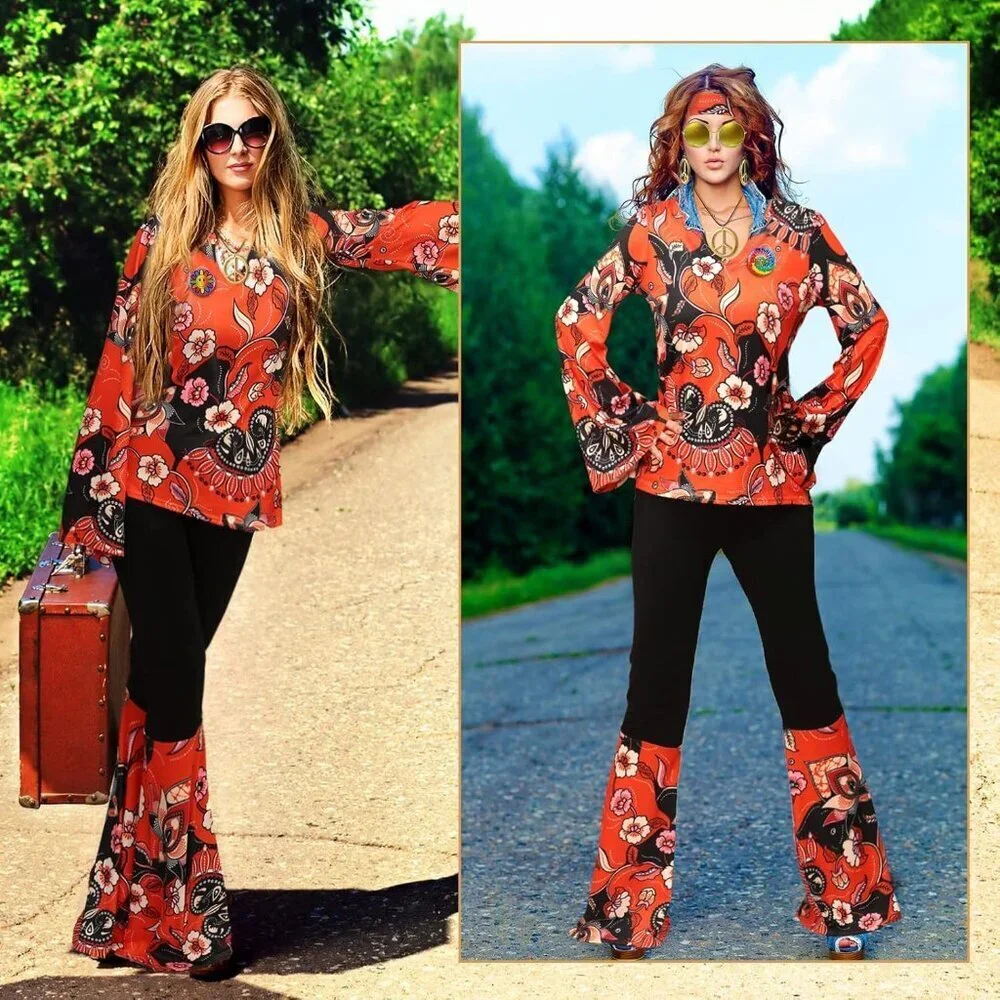 60s 70s Hippie Costume Set for Women Boho Retro Style Accessories Party